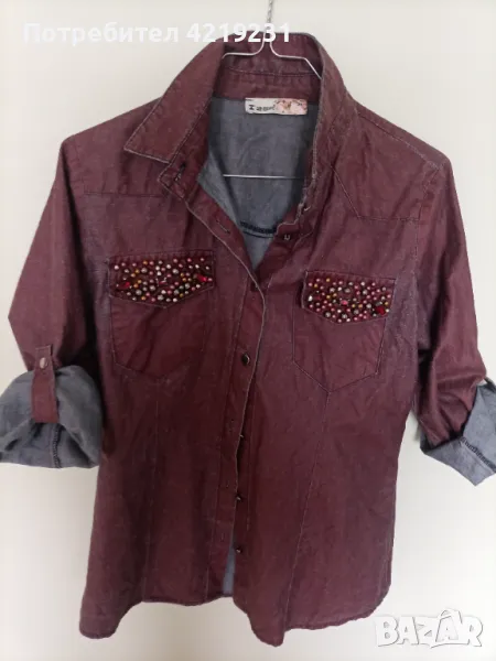 Ефектна риза от деним с камъни и мънисти, снимка 1