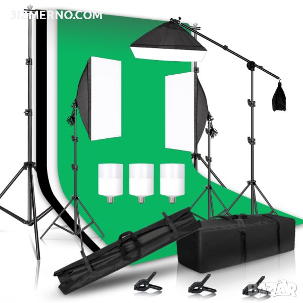 ПРОМО Комплект фотографско осветление с 3 броя 2x2м фон за снимки - бял, черен, зелен., снимка 1