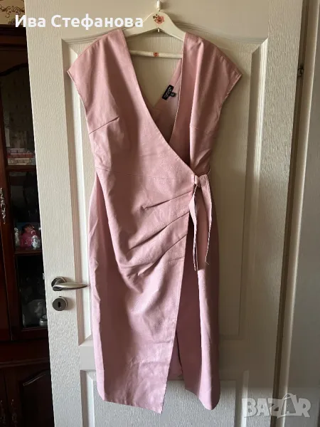 Разкошна елегантна парти  кожена кожа елегантна дълга рокля сукман  бебешко розов цвят., снимка 1