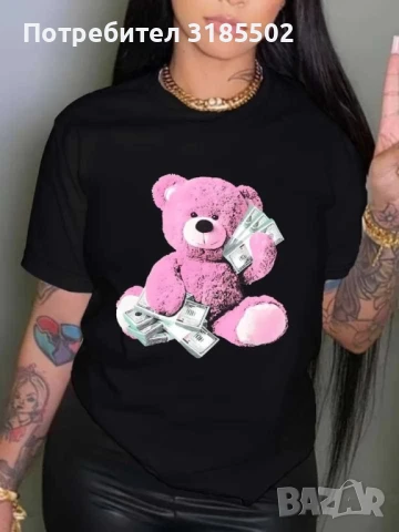 Дамска тениска за пролет и лято с къс ръкав, кръгло деколте и принт на мече, снимка 4 - Тениски - 51195034