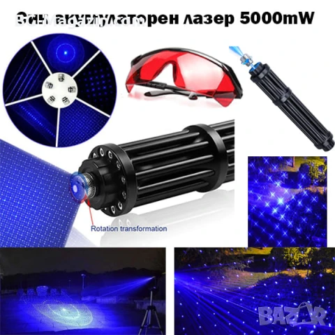Мощен акумулаторен син лазер 5000mW батерии 18650 предпазни очила горящ палещ клечка кибрит балон