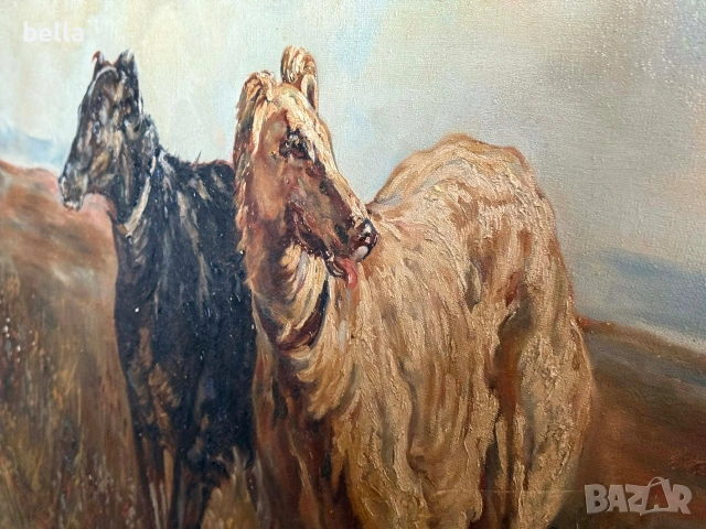 Старинно маслено платно "Руски борзои" – Музеен размер (140х110 см), снимка 5 - Антикварни и старинни предмети - 53863532