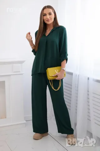 Комплект блуза + панталон с широки крачоли синьо Два цвята , снимка 5 - Комплекти - 50004554