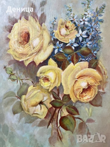 Слънчеви рози и нежни сини звездички  Рисувана върху платно, което е изпънато с фазер и защитено  , снимка 6 - Картини - 53490289