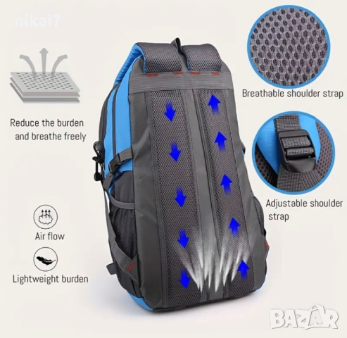 Турищическа раница 40L универсална за спорт туризъм фитнес+джоб вода GSM дишаща матери, снимка 8 - Раници - 44794750