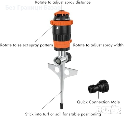 Нов Градински разпръсквач с метален шип 5 режима до 181 кв.м за двор
