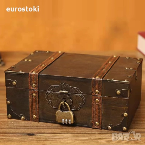 OZCHIN Дървена декоративна кутия за съкровища, винтидж кутия за съхранение с ключалка за домашен дек, снимка 3 - Други - 52471437