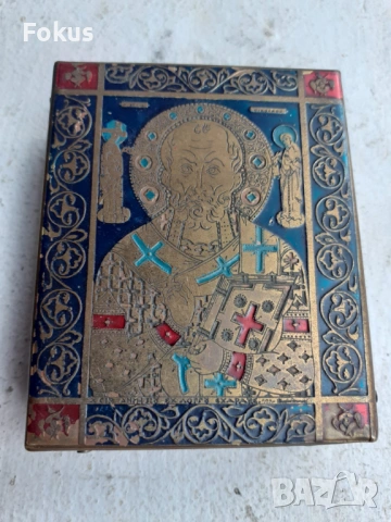 Стара малка бронзова икона с емайл - Свети Никола