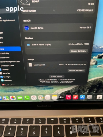 CTO 13" M1 MacBook Air a2337(2020 г.) - M1/16GB RAM/512GB SSD, снимка 10 - Лаптопи за работа - 53141622