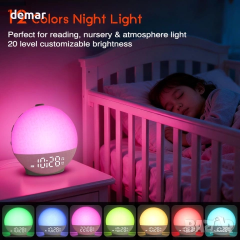 Будилник с изгрев/залез, машина за бял шум с 30 звука, 12 цвята, нощна светлина, снимка 6 - Други стоки за дома - 53794357