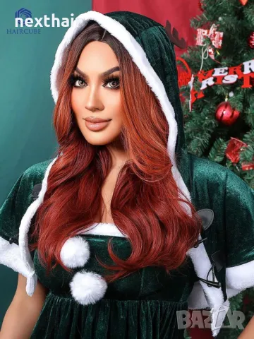 Ефектна омбре оранжева перука с тъмни корени на път, снимка 7 - Аксесоари за коса - 48703414