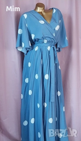 3XL Синя,дълга рокля солей на бели точки, снимка 2 - Рокли - 53741809