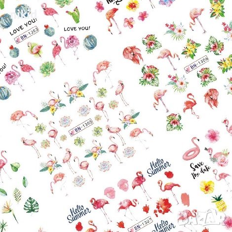 лист 12 в 1 Фламинго хаваи цветя слайдер татос ваденки водни стикери нокти маникюр, снимка 6 - Продукти за маникюр - 40890682