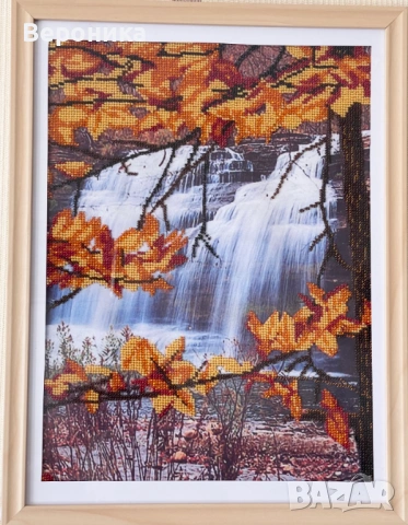 Частично ушит гоблен с чешки мъниста "Водопад в планината", снимка 2 - Гоблени - 53778417