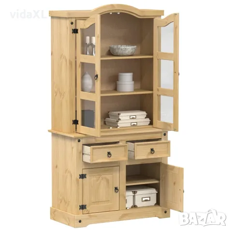 vidaXL Стъклен шкаф витрина Corona 100x48,5x179 см бор масив, снимка 2 - Бюфети - 56147469