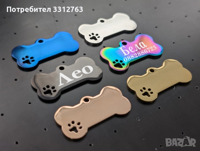 Медальон за куче, гравиран – цветна НЕРЪЖДАЕМА СТОМАНА, кокал с лапа