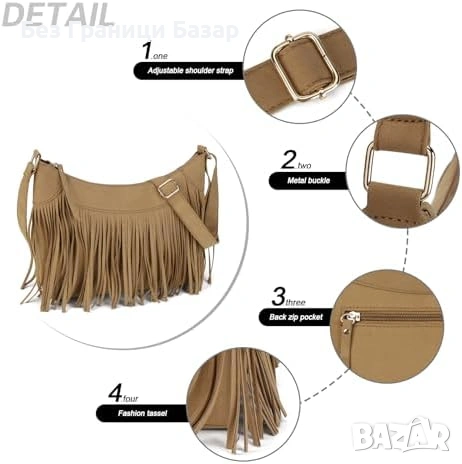 Нова Кросбоди дамска чанта с ресни еко велур регулируема в бохо стил , снимка 5 - Чанти - 53817574