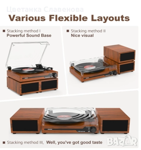 Грамофон Udreamer с 2 двойни стерео високоговорителя, Bluetooth 5.3, безжично възпроизвеждане