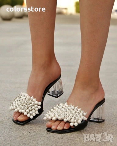 Чехли на ток - черен лак с перли - KP60 , снимка 2 - Чехли - 51437044