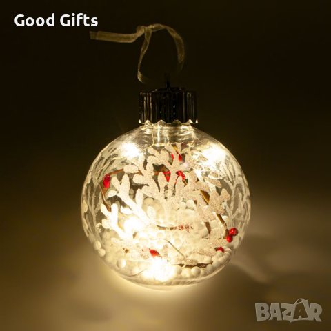 2 броя LED светеща Коледна топка, Прозрачна, Снежинки и клонче 8см