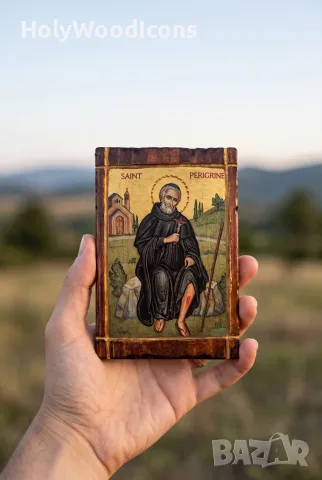 Дървена икона Свети Перегрин (Заккрилник и лечител) – Ръчна изработка, снимка 4 - Икони - 56112876
