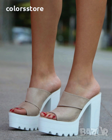 Чехли на ток - бежов велур с бяло ходило - CL100