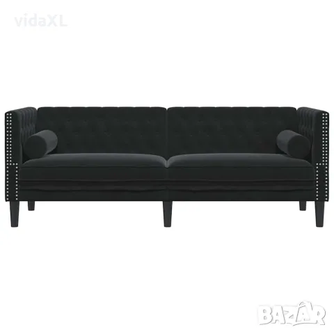 vidaXL Честърфийлд диван с болстери, 3-местен, черен, кадифе, снимка 4 - Дивани и мека мебел - 56147440