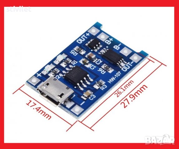 Контролер Литиева батерия Модул зареждане Платка за  5V 1A 18650 TP4056, снимка 6 - Друга електроника - 39460698