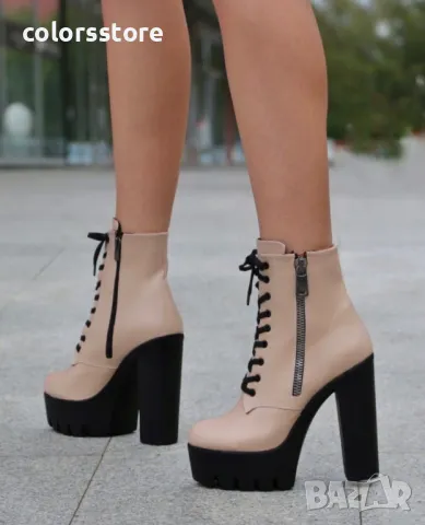 Боти на ток - бежова кожа с черно ходило - BT13, снимка 2 - Дамски боти - 47759254