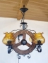Красив полилей съчетание от дървено колело и елементи на ковано желязо, жълти стъкленици и розетка , снимка 1