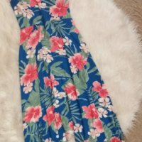 КРАСИВА синя рокля с тропически принт цветя и асиметрична в долния край , снимка 1 - Рокли - 41782998