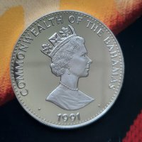 Възпоменателна монета 5 Dollars COMMONWEALTH OF THE BAHAMAS 1991, сребро, снимка 1 - Нумизматика и бонистика - 41549352