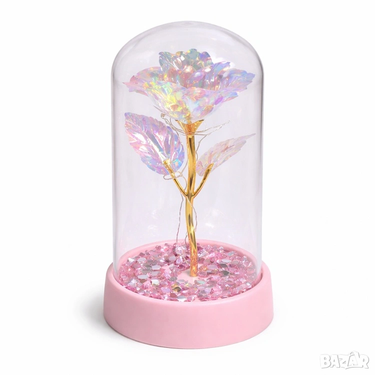 Кристална роза в стъклен купол с LED светлини, снимка 1