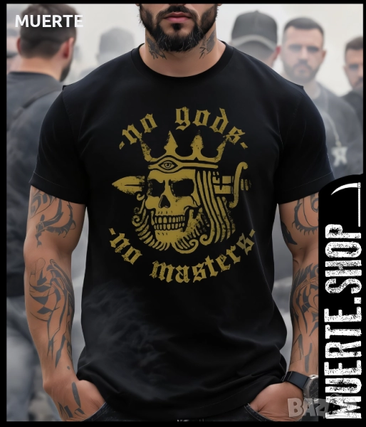 Черна тениска с щампа NO GODS NO MASTERS, снимка 1