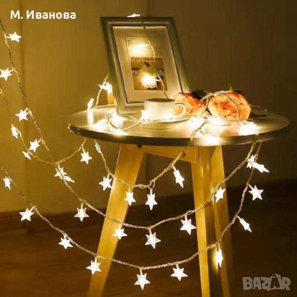 Светещи коледни led лампички със звездички с щепсел, снимка 1