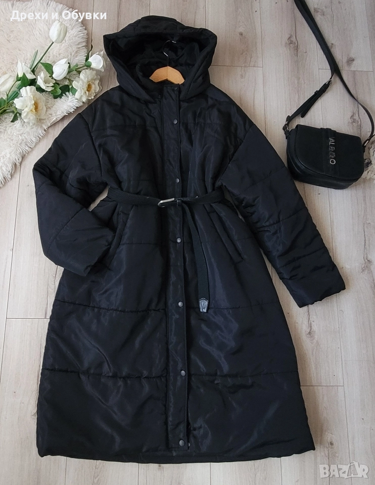 Дълго черно зимно яке с качулка , снимка 1