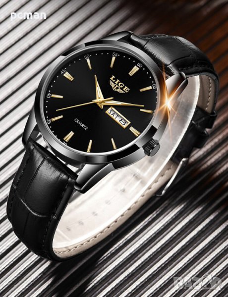 Lige Black Gold 8970 Луксозен мъжки кварцов часовник с кожена каишка, снимка 1