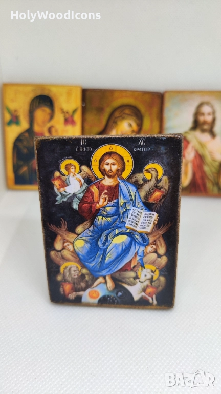 Икона Христос Пантократор с евангелистите – дървена икона с магнит 8x6см, снимка 1