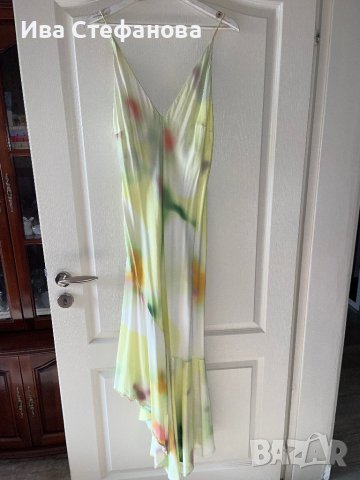 Разкошна сатенена лимонено жълто зелена свежа елегантна дълга асиметрична парти  сатен 100% визкоза , снимка 10 - Рокли - 41673550