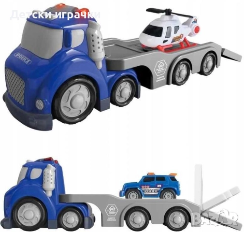 Комплект камион пътна помощ с кола и хеликоптер, с ефекти , снимка 3 - Коли, камиони, мотори, писти - 52070423