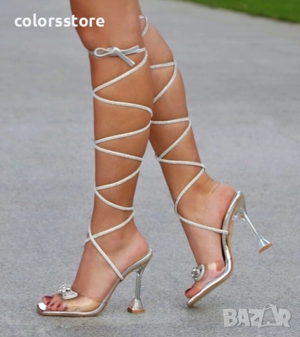 Сандали на ток - сребрист лак - BY26, снимка 1 - Сандали - 34960485