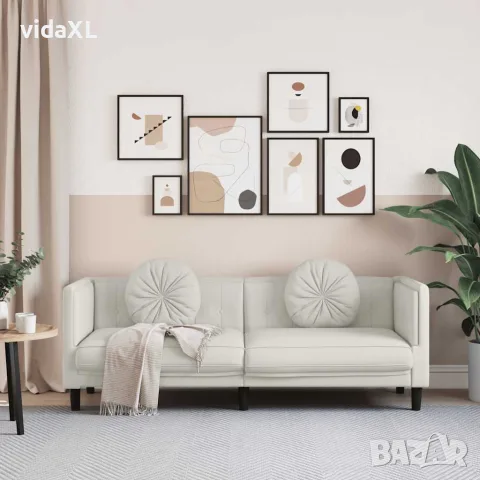 vidaXL Диван с възглавници, 3-местен, кремав, кадифе, снимка 3 - Дивани и мека мебел - 56147461