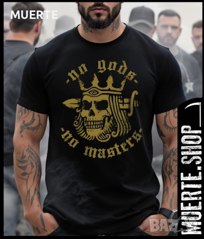 Черна тениска с щампа NO GODS NO MASTERS