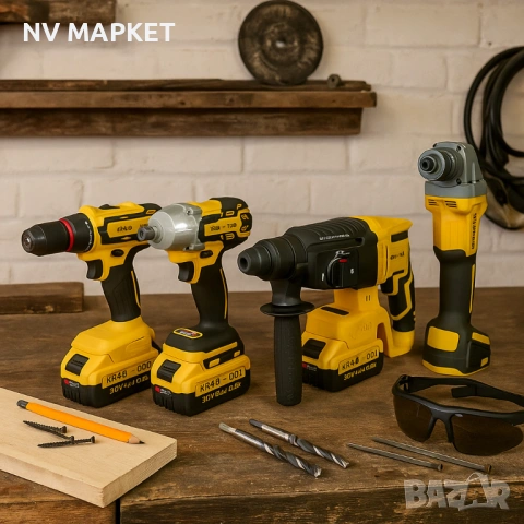 Комплект 4 в 1 – Перфоратор, Ъглошлайф, Гайковерт И Винтоверт, снимка 3 - Винтоверти - 53836612