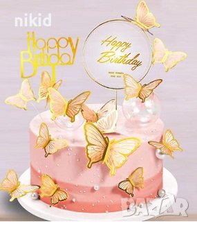 10 пеперуди картонени златен контур на тел розови лилави топери украса декор за торта, снимка 3 - Други - 29247526