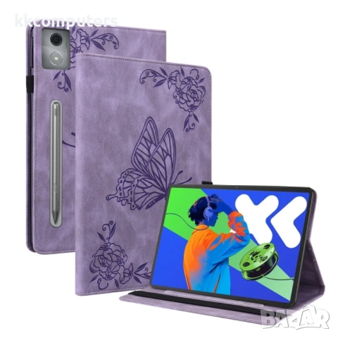 Кожен калъф за Lenovo Tab P12 Pro 12.7 2025- "Щампа пеперуда и цветя", Стойка, Слот за карти, Вкл. П, снимка 4 - Калъфи, кейсове - 53030547