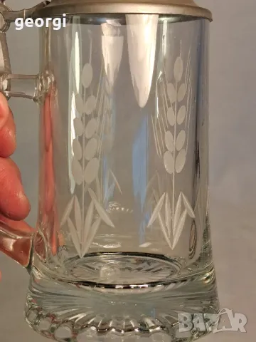 немска гравирана халба оловен кристал с калаен похлупак 22/6, снимка 3 - Антикварни и старинни предмети - 49251910