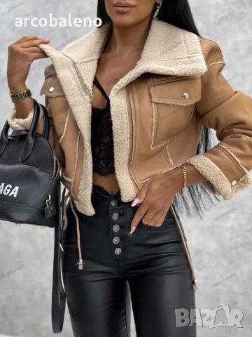 Дамско кожено яке от изкуствена агнешка вълна в мотоциклетен стил, 3цвята, снимка 2 - Якета - 42600597