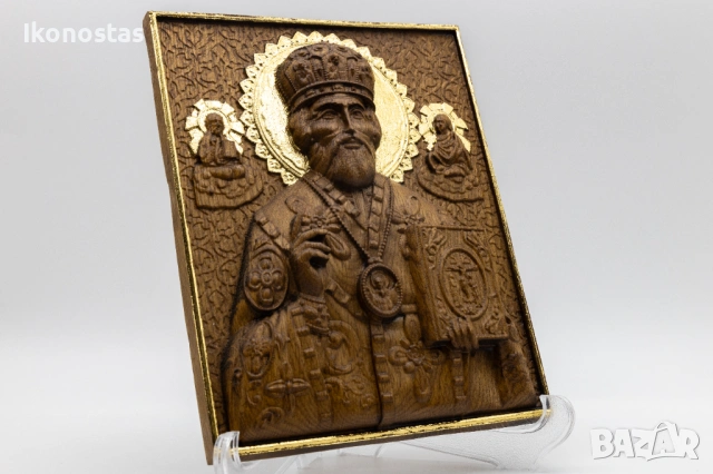 Релефна икона на Свети Николай Чудотворец – позлатена с варак, снимка 2 - Икони - 53223929