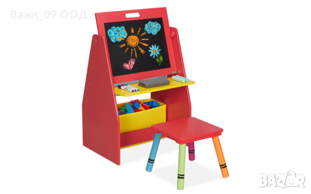 Двустранна детска дъска със столче и кутия за играчки 